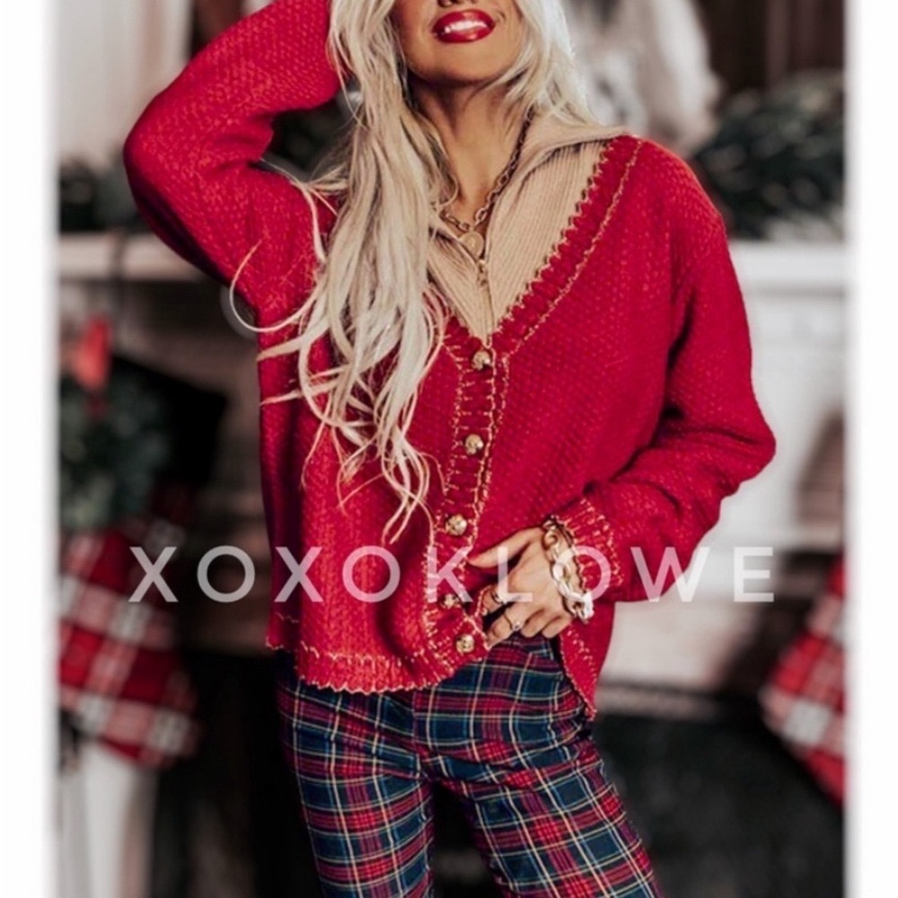 Red Sweater, Button-Front, Statement,  Gold Buttons & Sparkly Gold Trim, NWT, M - Picture 2 of 8
